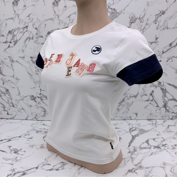 Women's Pepe Jeans White | Navy Signature Tee Shirt - Picture 2 of 4